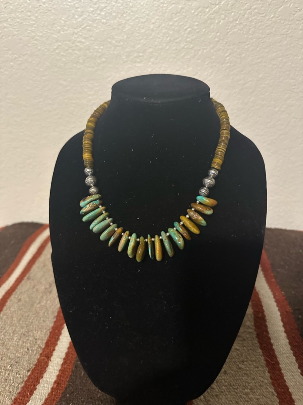Hand Crafted Blue-Green Turquoise, Brown Shell & Sterling Silver Necklace - Picture 2 of 4